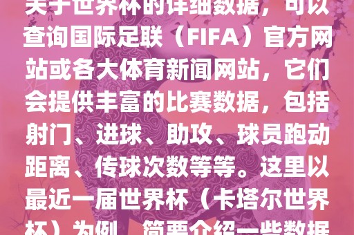 关于世界杯的详细数据，可以查询国际足联（FIFA）官方网站或各大体育新闻网站，它们会提供丰富的比赛数据，包括射门、进球、助攻、球员跑动距离、传球次数等等。这里以最近一届世界杯（卡塔尔世界杯）为例，简要介绍一些数据