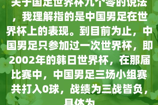 关于国足世界杯九个零的说法，我理解指的是中国男足在世界杯上的表现。到目前为止，中国男足只参加过一次世界杯，即2002年的韩日世界杯，在那届比赛中，中国男足三场小组赛共打入0球，战绩为三战皆负，具体为