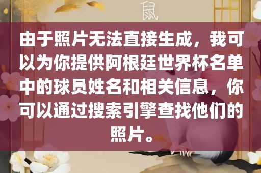 由于照片无法直接生成，我可以为你提供阿根廷世界杯名单中的球员姓名和相关信息，你可以通过搜索引擎查找他们的照片。