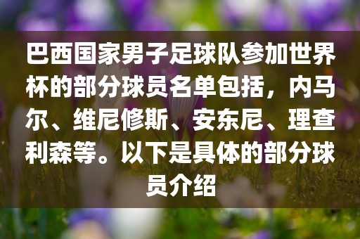 巴西国家男子足球队参加世界杯的部分球员名单包括，内马尔、维尼修斯、安东尼、理查利森等。以下是具体的部分球员介绍