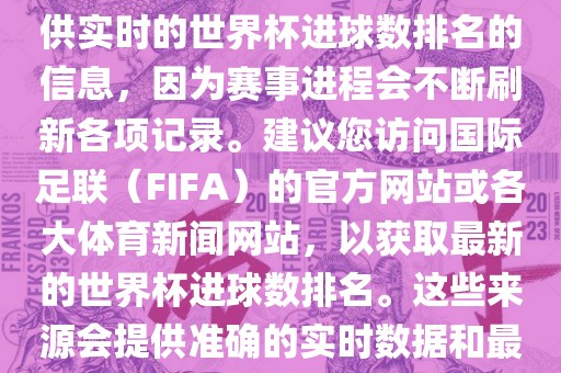 根据我所掌握的知识，无法提供实时的世界杯进球数排名的信息，因为赛事进程会不断刷新各项记录。建议您访问国际足联（FIFA）的官方网站或各大体育新闻网站，以获取最新的世界杯进球数排名。这些来源会提供准确的实时数据和最新的比赛信息。