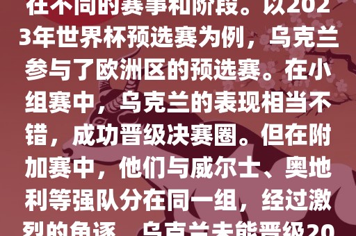 关于乌克兰的世界杯预选赛，存在不同的赛事和阶段。以2023年世界杯预选赛为例，乌克兰参与了欧洲区的预选赛。在小组赛中，乌克兰的表现相当不错，成功晋级决赛圈。但在附加赛中，他们与威尔士、奥地利等强队分在同一组，经过激烈的角逐，乌克兰未能晋级2023年世界杯决赛圈。