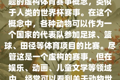 动物世界杯是一个以动物为主题的虚构体育赛事概念，类似于人类的世界杯赛事。在这个概念中，各种动物可以作为一个国家的代表队参加足球、篮球、田径等体育项目的比赛。尽管这是一个虚构的赛事，但在娱乐、动画、儿童文学等领域中，经常可以看到关于动物世界杯的故事和情节。