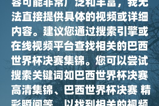 由于巴西世界杯决赛集锦的内容可能非常广泛和丰富，我无法直接提供具体的视频或详细内容。建议您通过搜索引擎或在线视频平台查找相关的巴西世界杯决赛集锦。您可以尝试搜索关键词如巴西世界杯决赛 高清集锦、巴西世界杯决赛 精彩瞬间等，以找到相关的视频和报道。